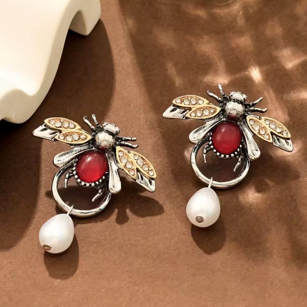 Silver and Gold Bee Earrings with Red Accents - Picture 2 of 5